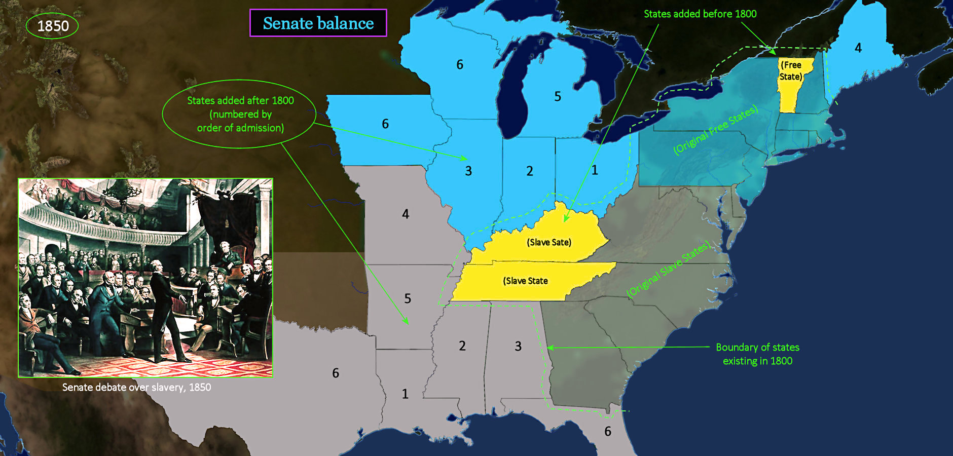 Senate seat balance, 1850 map